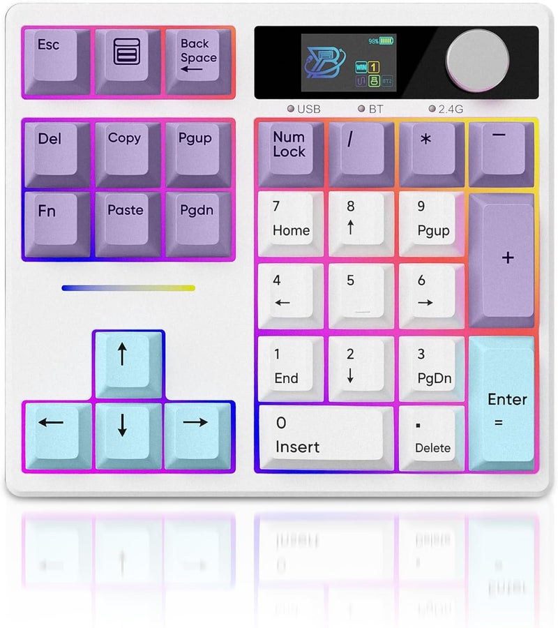 zMAX X BOYI TD31Pro Mechanical Number Pad,30 Keys Hot Swap Wireless BT5.0/2.4GHz/Type-C Wired Numeric Keypad Programmable RGB Gaming Numpad Keyboard with Knob Screen for Laptop/Mac (White-Purple) - Image 1